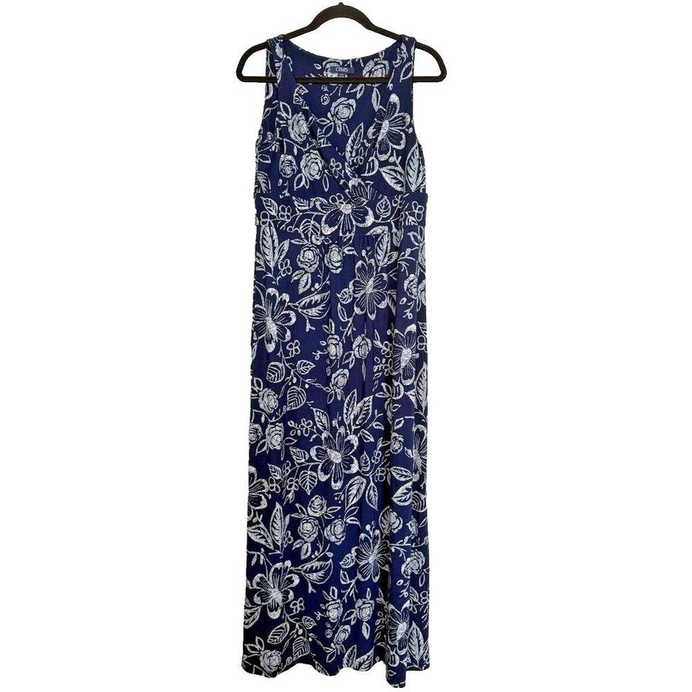 Chaps Maxi Dress Womens Large Navy Blue Floral Faux Wrap V-Neck Sleeveless - Picture 3 of 11